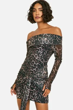 Bodycon Dresses|Mini Dresses*boohoo Tall Leopard Mesh Bardot Twist Front Mini Dress animal