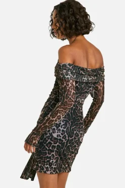 Bodycon Dresses|Mini Dresses*boohoo Tall Leopard Mesh Bardot Twist Front Mini Dress animal