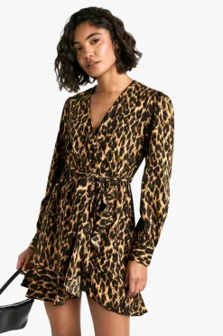 Wrap Dresses|Mini Dresses*boohoo Tall Leopard Print Ruffle Woven Wrap Dress animal