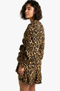 Wrap Dresses|Mini Dresses*boohoo Tall Leopard Print Ruffle Woven Wrap Dress animal