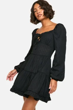 Smock Dresses*boohoo Tall Long Sleeve Textured Frill Smock Dress black