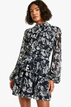 Skater Dresses|Mini Dresses*boohoo Tall Mono Floral High Neck Skater Dress blackwhite