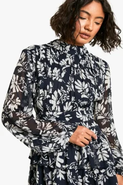 Skater Dresses|Mini Dresses*boohoo Tall Mono Floral High Neck Skater Dress blackwhite