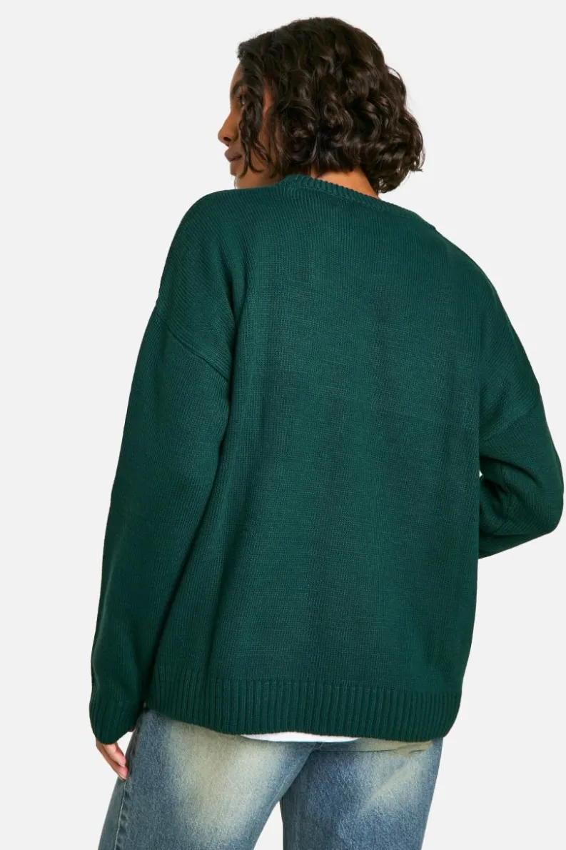 Oversized Jumpers|Jumpers*boohoo Tall New York Oversized Crew Neck Knitted Jumper bottle green