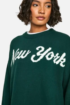 Oversized Jumpers|Jumpers*boohoo Tall New York Oversized Crew Neck Knitted Jumper bottle green