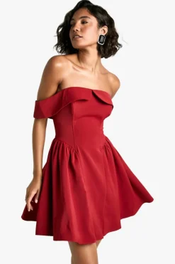 Skater Dresses*boohoo Tall Off The Shoulder Bardot Skater Dress red