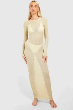 Jumper Dresses|Jumper Dresses*boohoo Tall Open Knit Scoop Back Maxi Dress stone