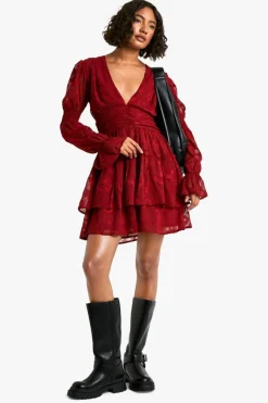 Skater Dresses*boohoo Tall Paisley Burnout Puff Sleeve Ruched Skater Dress red