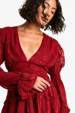 Skater Dresses*boohoo Tall Paisley Burnout Puff Sleeve Ruched Skater Dress red