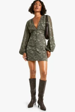 Skater Dresses*boohoo Tall Paisley Burnout Volume Sleeve Mini Dress olive