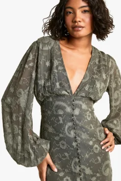 Skater Dresses*boohoo Tall Paisley Burnout Volume Sleeve Mini Dress olive