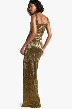 Maxi Dresses*boohoo Tall Pleated Sequin Square Neck Maxi Dress gold