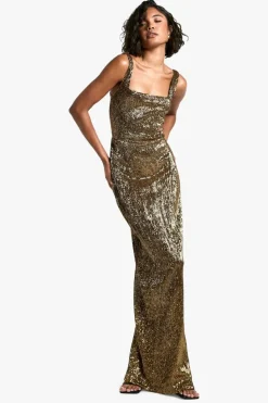 Maxi Dresses*boohoo Tall Pleated Sequin Square Neck Maxi Dress gold