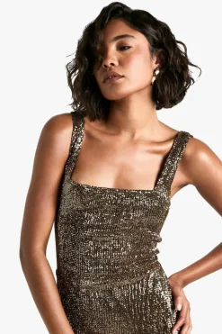 Maxi Dresses*boohoo Tall Pleated Sequin Square Neck Maxi Dress gold