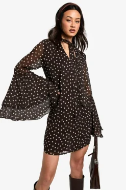 Smock Dresses|Mini Dresses*boohoo Tall Polkadot Flare Sleeve Chiffon Smock Dress chocolate