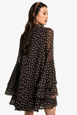 Smock Dresses|Mini Dresses*boohoo Tall Polkadot Flare Sleeve Chiffon Smock Dress chocolate