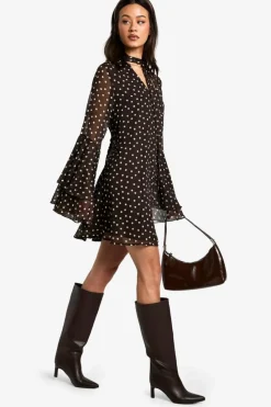 Smock Dresses|Mini Dresses*boohoo Tall Polkadot Flare Sleeve Chiffon Smock Dress chocolate