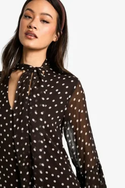 Smock Dresses|Mini Dresses*boohoo Tall Polkadot Flare Sleeve Chiffon Smock Dress chocolate