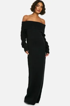 Maxi Dresses|Jumper Dresses*boohoo Tall Premium Oversized Bardot Neckline Maxi Jumper Dress black
