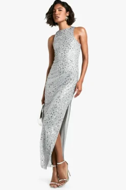 Maxi Dresses|Dresses*boohoo Tall Racer Neck Beaded Sequin Maxi Dress silver