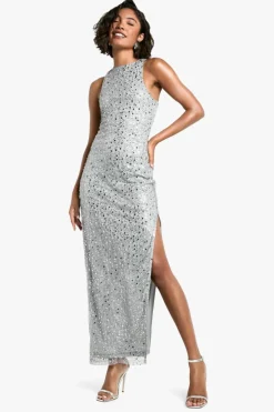 Maxi Dresses|Dresses*boohoo Tall Racer Neck Beaded Sequin Maxi Dress silver
