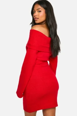 Jumper Dresses|Jumper Dresses*boohoo Tall Rib Bardot Neckline Mini Jumper Dress red