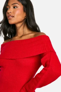 Jumper Dresses|Jumper Dresses*boohoo Tall Rib Bardot Neckline Mini Jumper Dress red