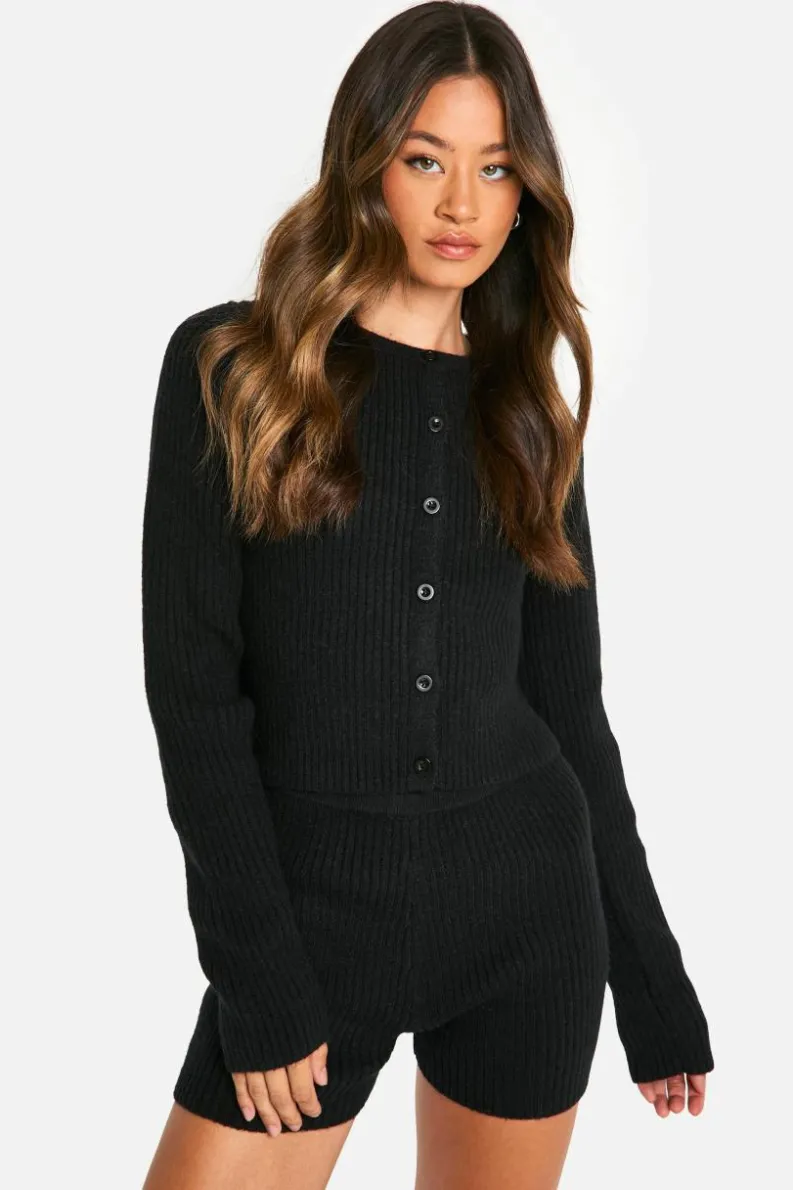 Cardigans|Co-Ord Sets*boohoo Tall Ribbed Cropped Cardigan And Micro Short Co Ord black