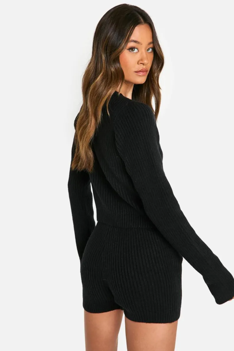 Cardigans|Co-Ord Sets*boohoo Tall Ribbed Cropped Cardigan And Micro Short Co Ord black