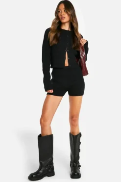 Cardigans|Co-Ord Sets*boohoo Tall Ribbed Cropped Cardigan And Micro Short Co Ord black