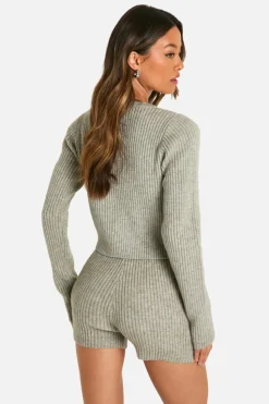 Cardigans*boohoo Tall Ribbed Cropped Cardigan And Micro Short Co Ord grey