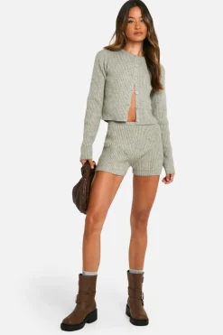 Cardigans*boohoo Tall Ribbed Cropped Cardigan And Micro Short Co Ord grey