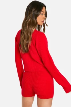 Cardigans*boohoo Tall Ribbed Cropped Cardigan And Micro Short Co Ord red