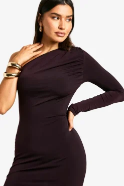 Maxi Dresses*boohoo Tall Ruched One Sleeve High Split Maxi Dress plum
