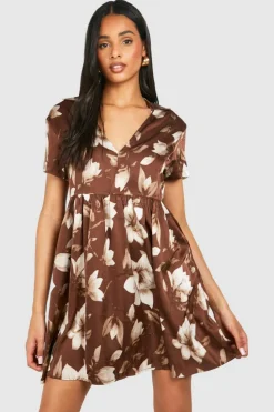 Smock Dresses*boohoo Tall Satin Floral V Neck Smock Dress chocolate