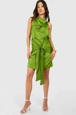 Wrap Dresses*boohoo Tall Satin Halterneck Wrap Mini Dress olive