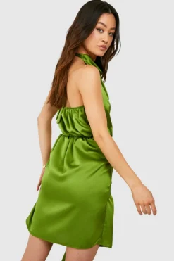 Wrap Dresses*boohoo Tall Satin Halterneck Wrap Mini Dress olive
