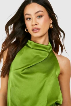 Wrap Dresses*boohoo Tall Satin Halterneck Wrap Mini Dress olive