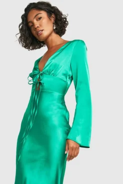 Maxi Dresses*boohoo Tall Satin Tie Front Maxi Dress green