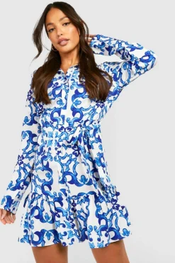Shirt Dresses*boohoo Tall Scarf Print Skater Shirt Dress blue
