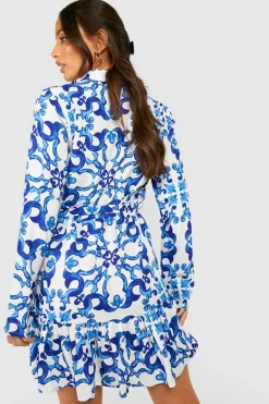 Shirt Dresses*boohoo Tall Scarf Print Skater Shirt Dress blue