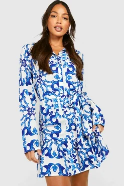 Shirt Dresses*boohoo Tall Scarf Print Skater Shirt Dress blue