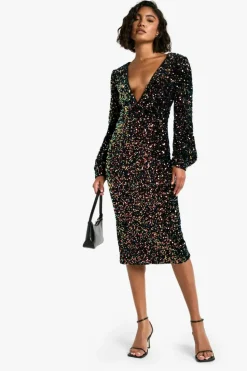 Bodycon Dresses|Midi Dresses*boohoo Tall Sequin Balloon Sleeve Plunge Midi Dress black