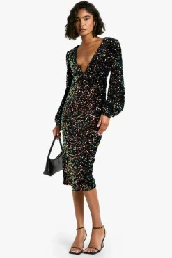 Bodycon Dresses|Midi Dresses*boohoo Tall Sequin Balloon Sleeve Plunge Midi Dress black