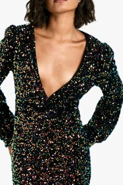 Bodycon Dresses|Midi Dresses*boohoo Tall Sequin Balloon Sleeve Plunge Midi Dress black