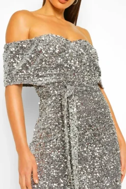 Midi Dresses|Bodycon Dresses*boohoo Tall Sequin Bardot Belted Midi Dress silver