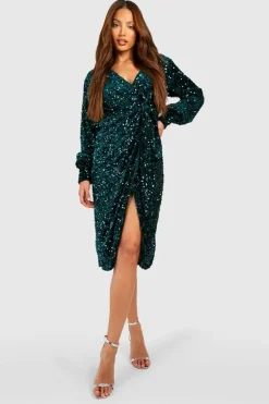 Midi Dresses*boohoo Tall Sequin Velvet Belted Midi Dress emerald