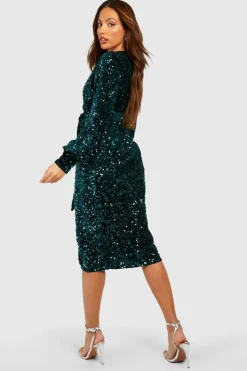 Midi Dresses*boohoo Tall Sequin Velvet Belted Midi Dress emerald