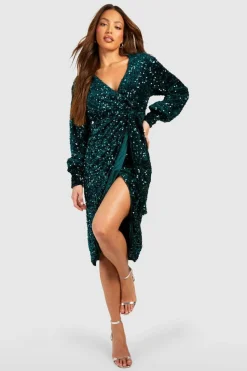 Midi Dresses*boohoo Tall Sequin Velvet Belted Midi Dress emerald