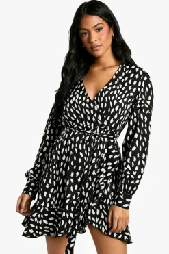 Wrap Dresses|Mini Dresses*boohoo Tall Smudge Print Ruffle Woven Wrap Dress black